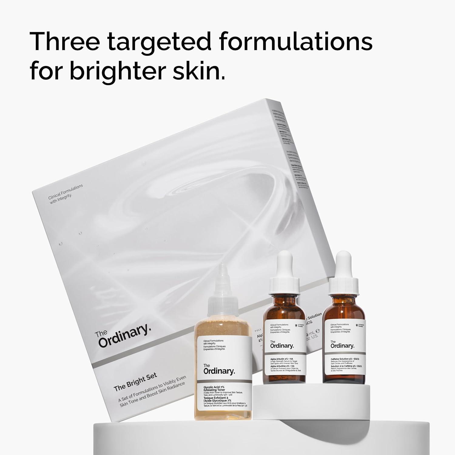 imageThe Ordinary The Bright Set 3Step Regimen for Radiant Even Skin Tone with Glycolic Acid 7 Exfoliating Toner Alpha Arbutin 2 HA and Caffeine Solution 5 EGCG Skin Care Set
