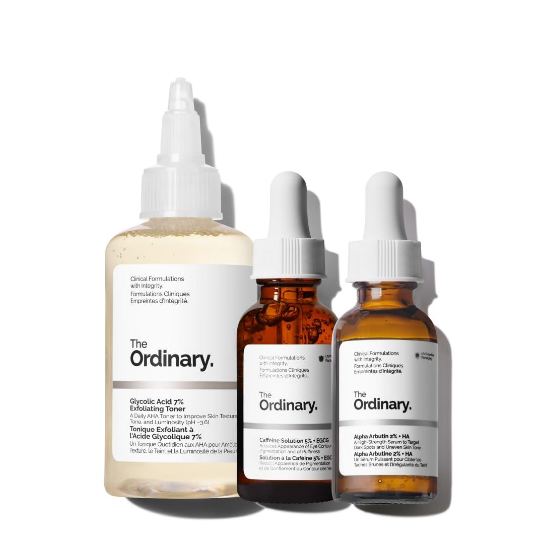 imageThe Ordinary The Bright Set 3Step Regimen for Radiant Even Skin Tone with Glycolic Acid 7 Exfoliating Toner Alpha Arbutin 2 HA and Caffeine Solution 5 EGCG Skin Care Set