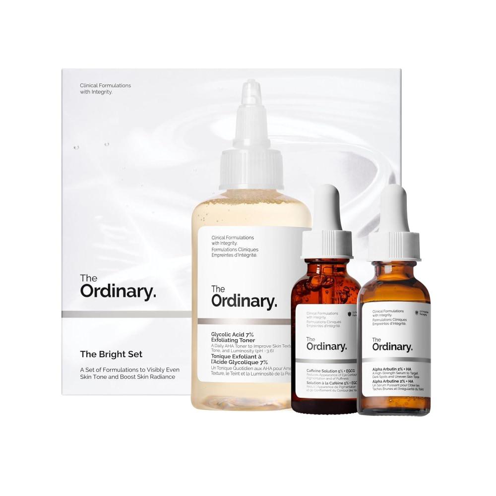 imageThe Ordinary The Bright Set 3Step Regimen for Radiant Even Skin Tone with Glycolic Acid 7 Exfoliating Toner Alpha Arbutin 2 HA and Caffeine Solution 5 EGCG Skin Care Set