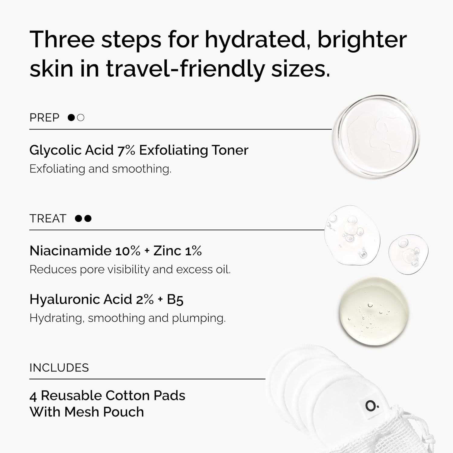 imageThe Ordinary The Mini Icons Set Travel Size Skin Care to Hydrate and Brighten Glycolic Acid 7 Exfoliating Toner Niacinamide 10 Zinc 1 Hyaluronic Acid 2 B5 with Reusable Cotton Pads