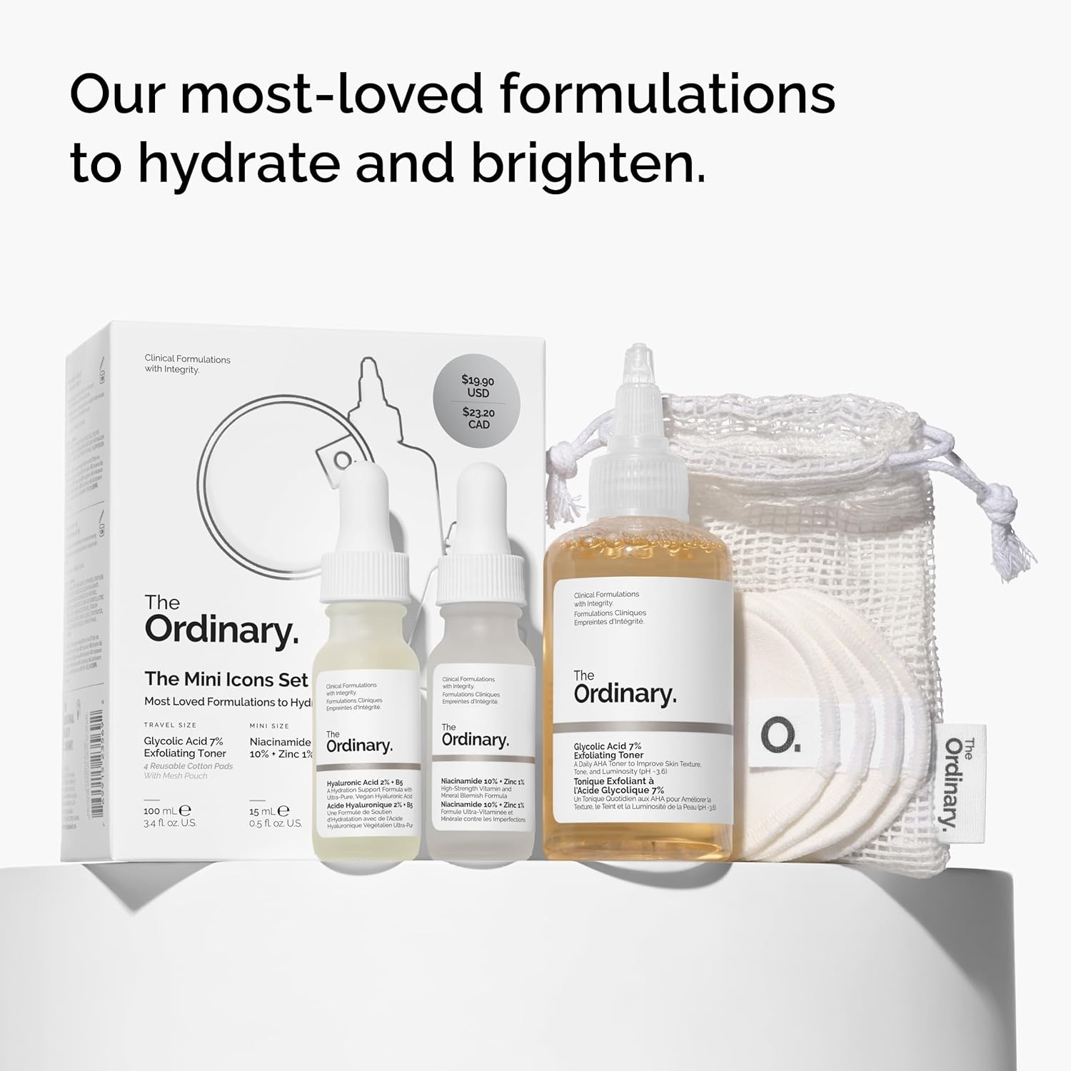 imageThe Ordinary The Mini Icons Set Travel Size Skin Care to Hydrate and Brighten Glycolic Acid 7 Exfoliating Toner Niacinamide 10 Zinc 1 Hyaluronic Acid 2 B5 with Reusable Cotton Pads