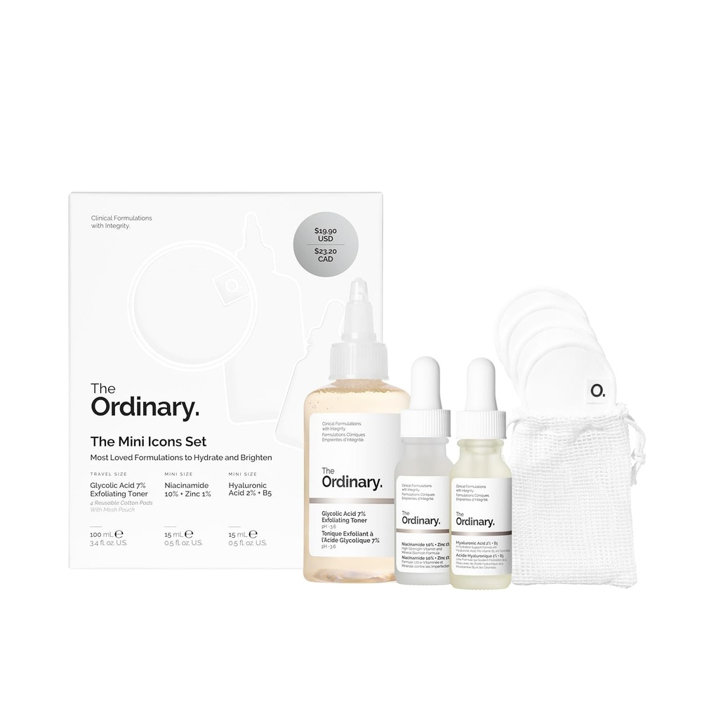 imageThe Ordinary The Mini Icons Set Travel Size Skin Care to Hydrate and Brighten Glycolic Acid 7 Exfoliating Toner Niacinamide 10  Zinc 1 Hyaluronic Acid 2  B5 with Reusable Cotton Pads